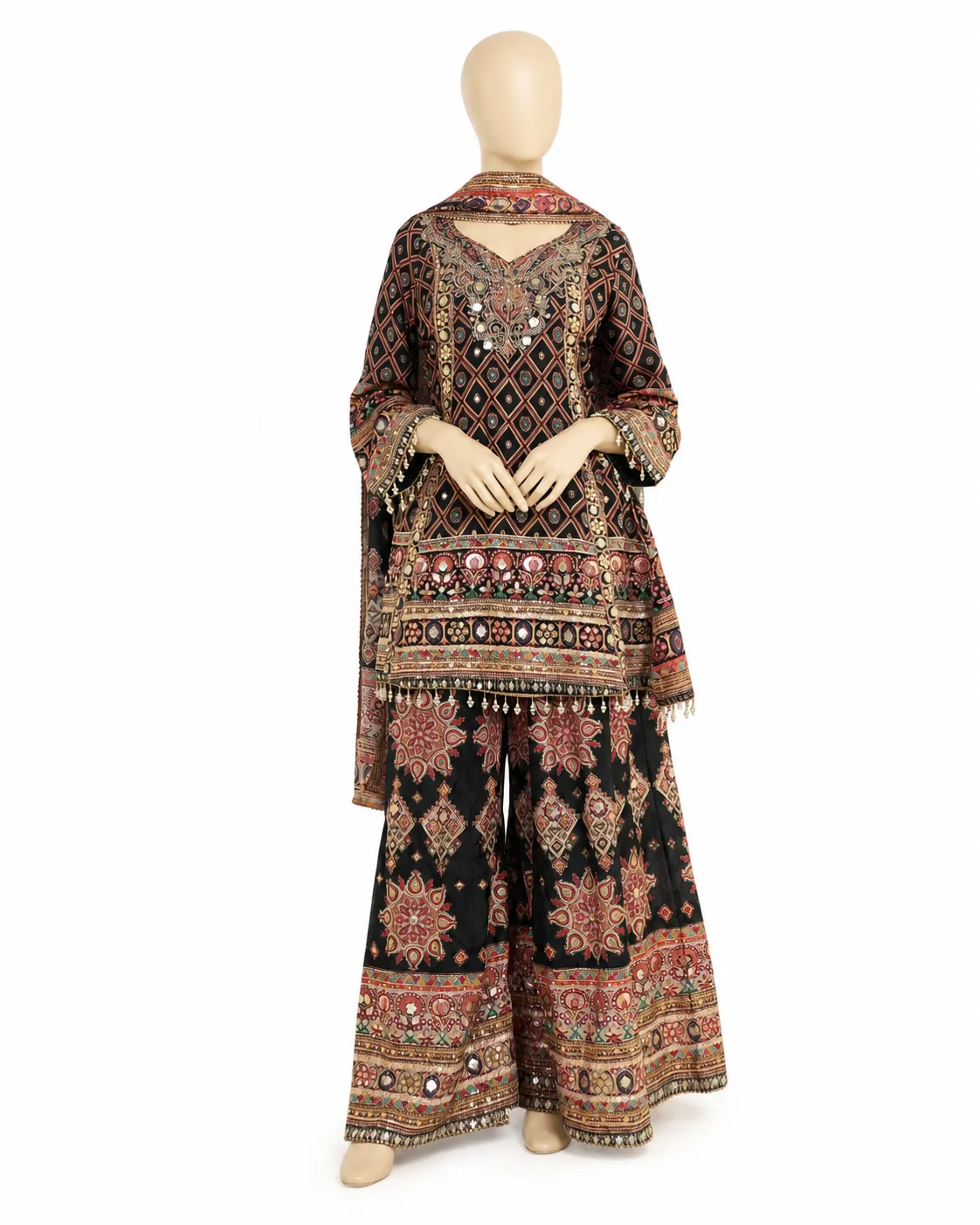 Women’s Black Printed Kurta Palazzo & Dupatta Ethnic Set view 2